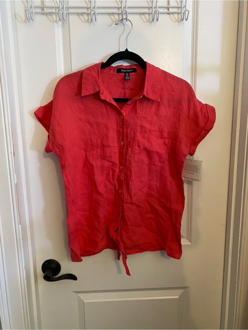 NWT Ellen Tracy Coral-Red Linen Button-Up Shirt